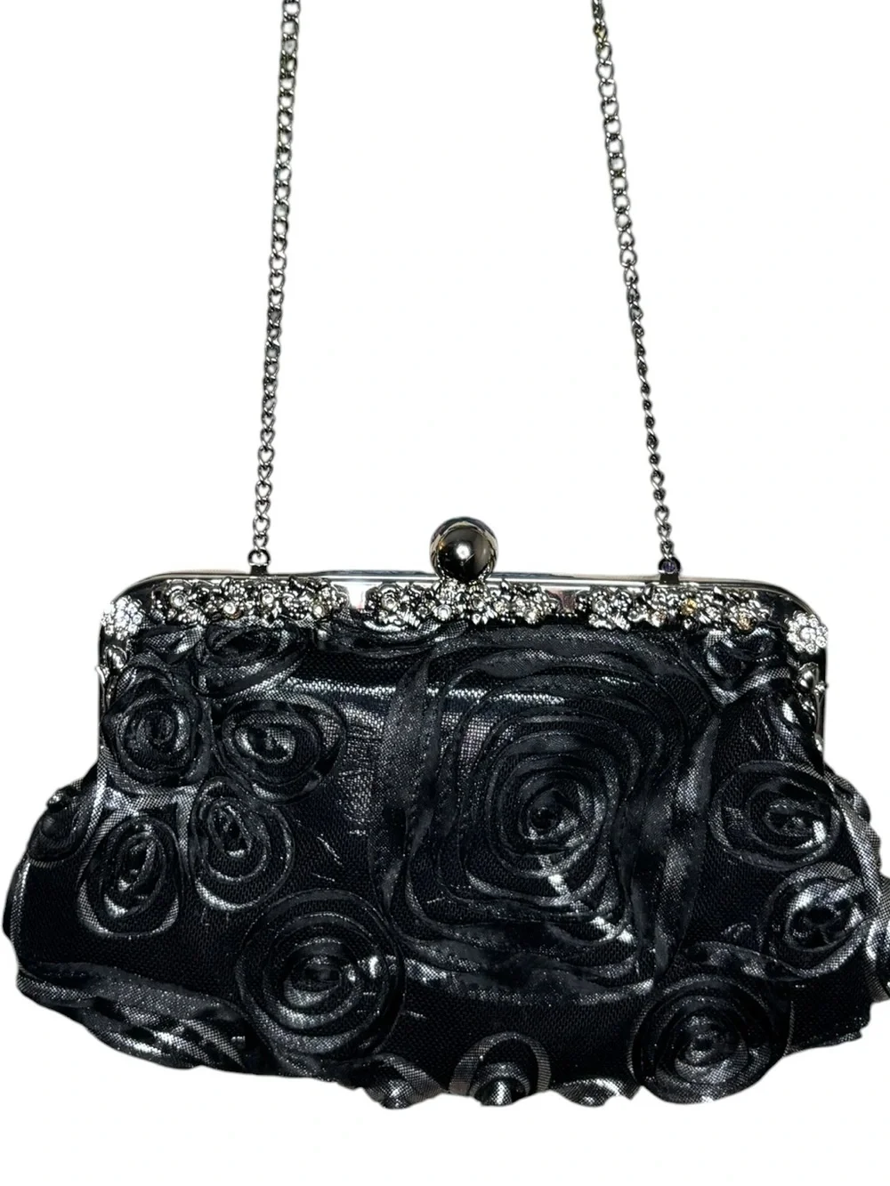 Black Floral Rosette Evening Clutch with Chain Strap